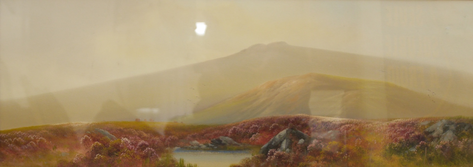 Manner of Reginald Daniel Sherrin (1891-1971), gouache, Moorland landscape, unsigned, 27 x 56cm, gilt framed. Condition - good